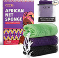 African Net Sponge 3 Pieces, Authentic Exfoliating Body Scrubber for Back & All Skin Types, Bath Sponge for Face & Body with Gentle Deep Cleansing (Purple, Black, Green)