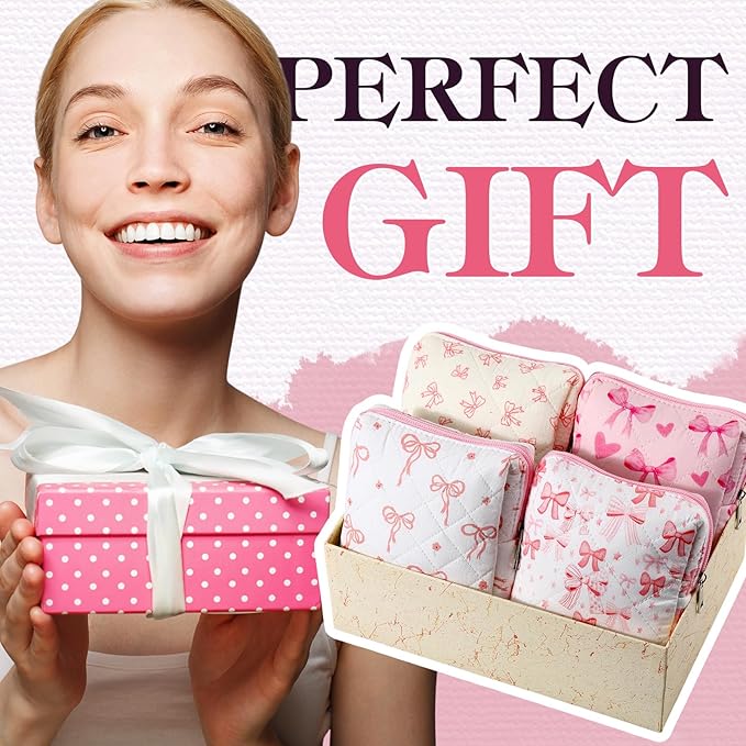 Paterr 4 Pcs Mini Quilted Floral Makeup Bag Women Gifts Small Cosmetic Bag Floral Quilted Makeup Pouch with Zipper Cute Travel Toiletry for Mom Teacher Women Girls Gifts(Coquette Bow)