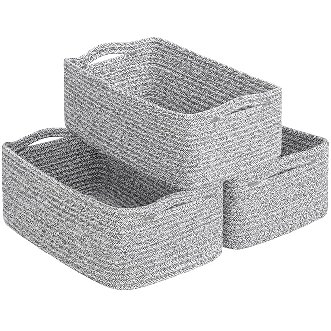 Goodpick Storage Baskets, Small Baskets for Organizing, Toy Storage for Gifting, Woven Rope Shelf Organizer for Nursery Organization 3 Pack, White & Gray, 11 x 7 x 4.5 in