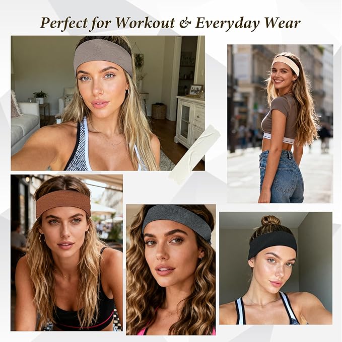 Headbands for Women Non-Slip Workout Hair Bands, 6 Pack Stretchy Athletic Soft Sweatbands, Elastic Cloth Fabric Headband, Fashion Head Bands for Yoga Running Sports Gym Sports Exercise
