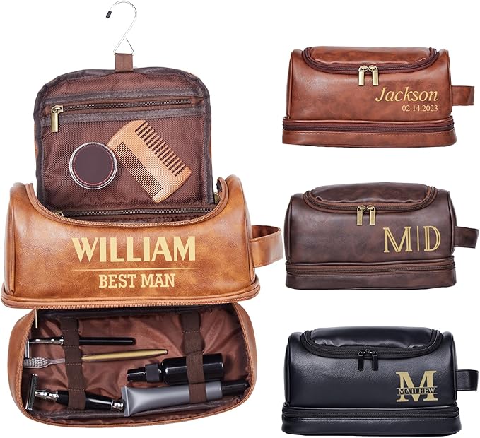 Flycalf Personalized Toiletry Bag for Men Leather Toiletries with Hanging Hook Shaving Bag Bathroom Organizer Leather Engraved Text Shower Toiletries