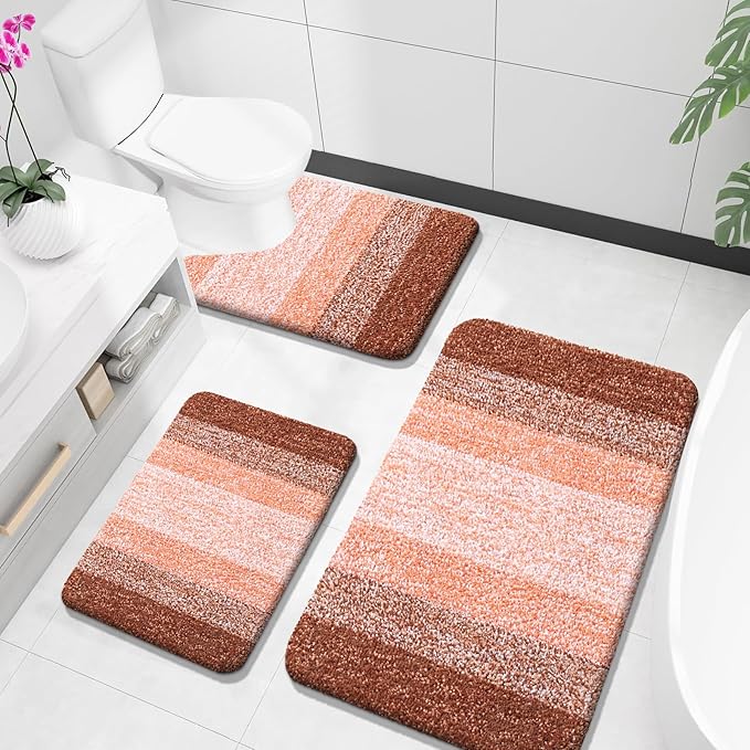 OLANLY Bathroom Rugs Sets 3 Piece, Soft Absorbent Microfiber Bath Mats and U-Shaped Contour Toilet Rug, Plush Shaggy Bath Mat Set for Bathroom (36"x24"+24"x16"+24"x20", Orange)