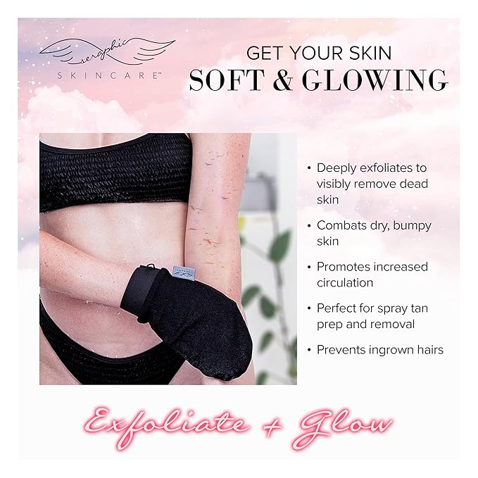 Seraphic Skincare (Original) Premium Exfoliating Mitt for Body (2pc) – 100% Vegan Viscose Traditional Body Scrub Glove Kessa Korean Washcloth – Body Exfoliator for Self-Tan Removal & Keratosis Pilaris