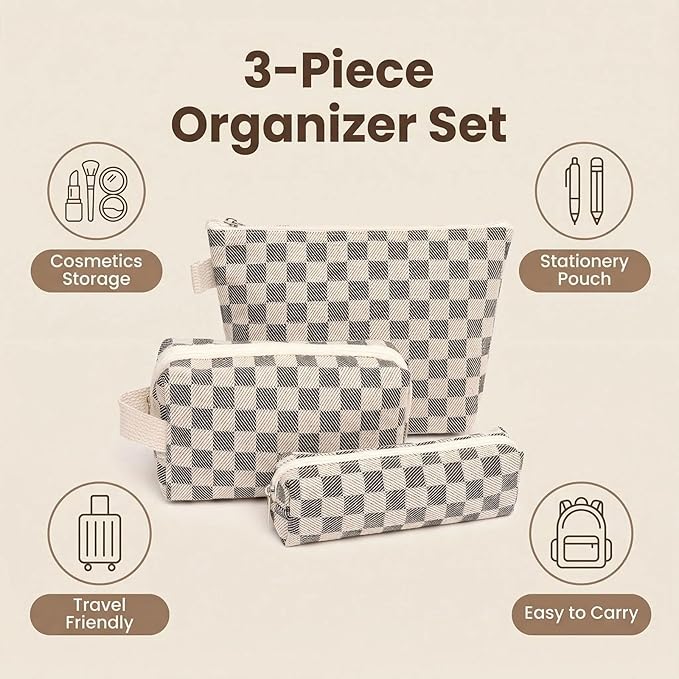 3 Pcs Canvas Makeup Bag Set Checkered Cosmetic Pouch for Women Travel Toiletry Bag Cute Makeup Organizer Purse Pouch Preppy Pencil Case with Zipper (Checkered Black)