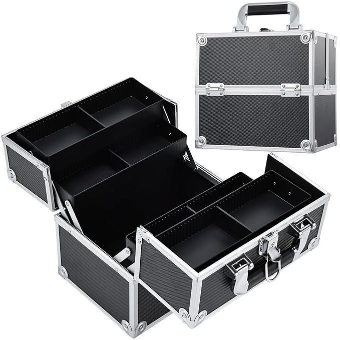 Frenessa Makeup Train Case Cosmetic Organizer Case Professional Makeup Storage Box 4 Trays with Divider Lockable Travel Case Portable Travel Makeup Box for Makeup Artist, Carfter, Cosmetics Black