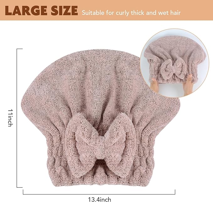 SUNLAND Large Microfiber Hair Drying Caps with Bow knot Fast Drying Shower Cap Soft and Absorbent hairWrap Hair Turban Bath Caps for Curly Thick and wet Hair 11 X 13.4 inch 2 Pack Brown