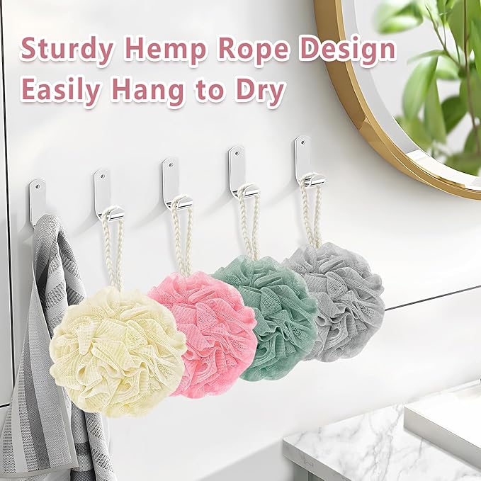 Shower Loofah Bath Sponge, 60G Loofah Exfoliating Body Scrubber, 4 Color Mesh Shower Pouf Balls for Body Wash (Pink Green White Gray)