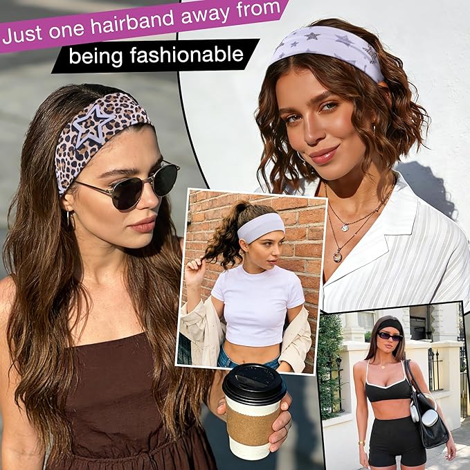 8 Pack Headbands for Women Non Slip - Stylish Sports Hair Bands for Women's Hair - Soft Cotton Cloth Stretchy Headbands for Women for Yoga, Outdoor Exercise Running