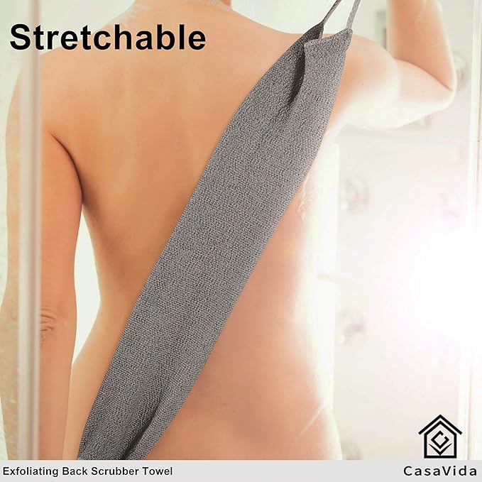 CASAVIDA Back Scrubber for Shower Nylon Bath Towel Washer Exfoliating Washcloth Rear Japanese Stretchable Strap Wash Cloth Body Exfoliation 2 Pack (Gray + Blue)