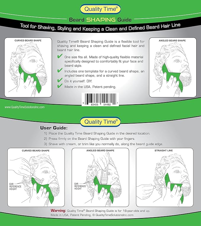 Quality Time Beard Shaping Tool Guide; Flexible Beard Guard, Do-it-Yourself, Innovative Design Template, Haircut Trimming Stencil - Beard Lineup Shaving Guide, Made in USA