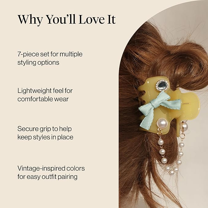 KitschPop ™ Hair Clips For Women with Charm Sets -Customizable Cloud Claw Clip With Interchangeable Collectible Cute Charms | Ideal Gifts For Women - Coastal Cottage - Butter Yellow, 7pcs Set