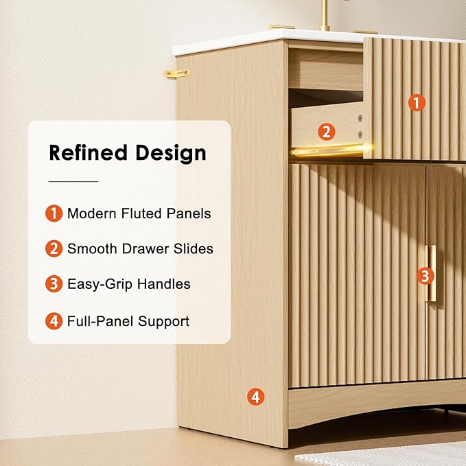 Amada 30'' Bathroom Vanity with Ceramic Sink, Modern Undermount Vanity Sink Cabinet with 2 Doors and 1 Drawer, Fluted Free Standing Bathroom Storage Cabinet with Sink Combo Set, Natural Oak