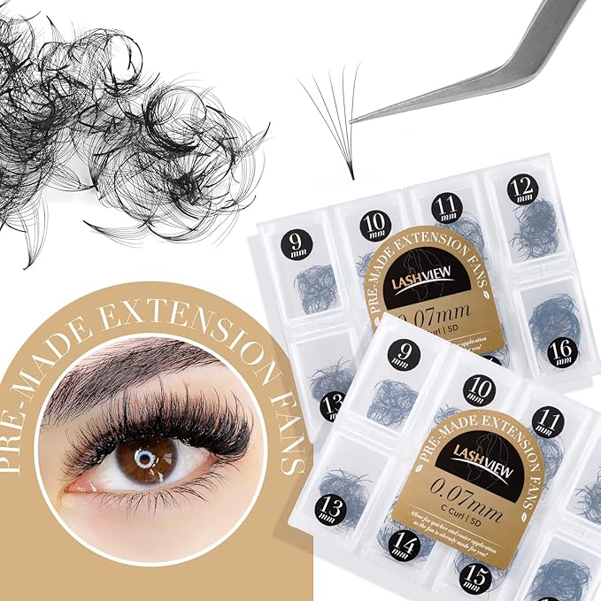 LASHVIEW 1000 Premade volume fans Mixed lengths 9-16mm loose Fans C, D Curl. Handmade eyelash extensions supplies Russian volume lash promade fan 5D,10D(0.07 5D C 9-16mm）