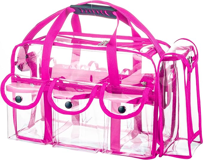 Wide Opening Large Professional Clear PVC Travel Makeup Artist Set Bag Cosmetic Nails Beauty Bags Transparent Vinyl Tool Organizer Beach Bags Diaper Bag with 6 External Pockets & Strap (Pink)