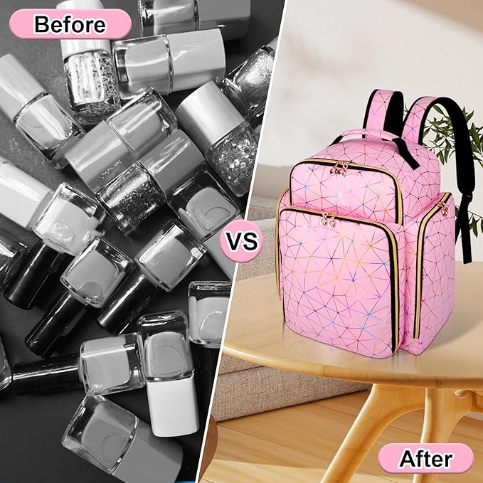 Nail Polish Organizer Backpack Holds 126 Bottles& Nail Lamp, Extra Large Nail Kit Supplies Organizer Bag with 3 Removable Cases, Portable Nail Organizers and Storage for Trave (PU Leather Pink)