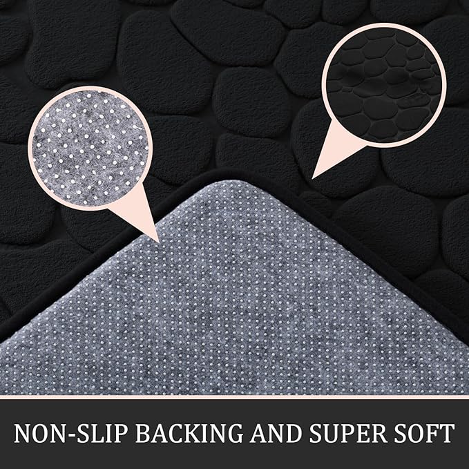 YIHOUSE Bathroom Rugs Mat Set 2 Piece Black, Memory Foam Bath Mats Sets, Non Slip Water Absorbent Washable Bath Rugs for Sink, Toilet and Floor