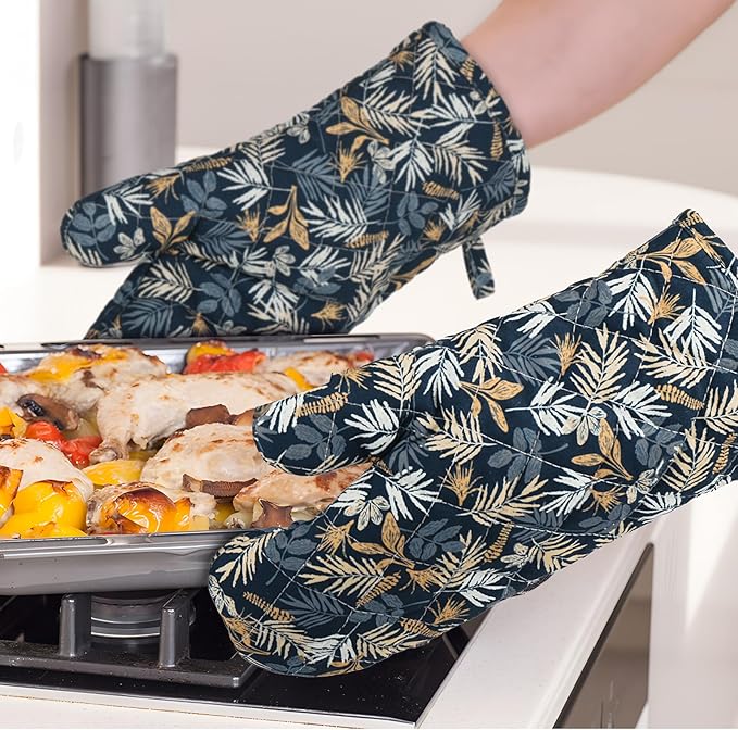 Oven Gloves Extra Long Cotton Cooking Gloves with Non-Slip Striped Baking Gloves for Cooking Baking Grilling - 2PCS