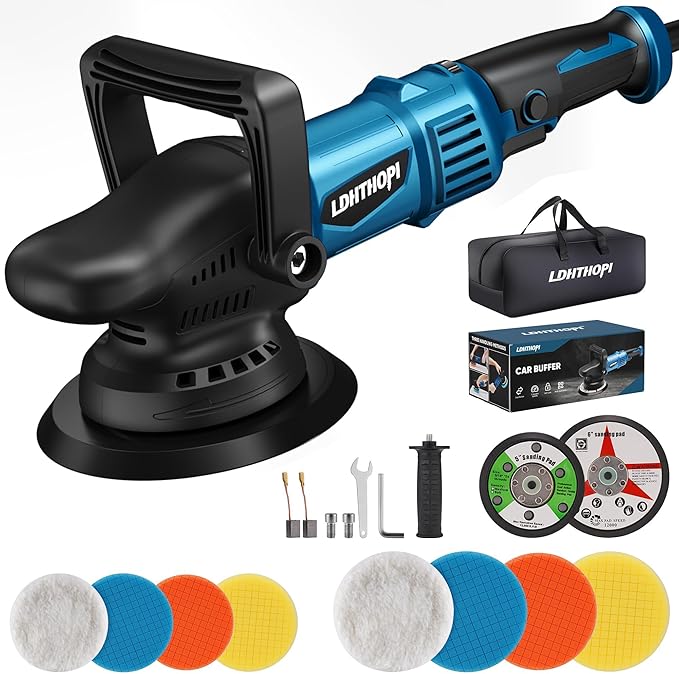 LDHTHOPI Dual Action Polisher, 980W 5/6 Inch, 9MM Random Orbital Buffer Polisher for Car Detailing, 2800-5800RMP, 6 Variable Speed Buffer Polisher with 8 Detachable Pads