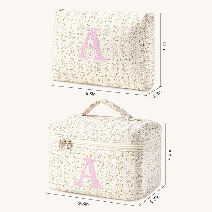 HBselect 2Pcs Initial Quilted Makeup Bag, Pink Cosmetic Travel Toiletry Bag, Flowers Coquette Zipper Make Up Pouch Organizer Teen Girl Gift Trendy Stuff A