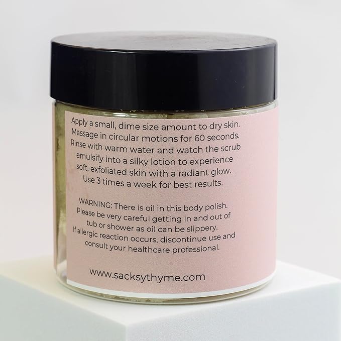 Sacksy Thyme Body Polish - Body Scrub for Soft Silky Skin - Vitamin-Enriched Moisturizing Exfoliator - Plant Based, Vegan, Non-Toxic - All Natural Luxurious Goodness - Made in USA (4oz)