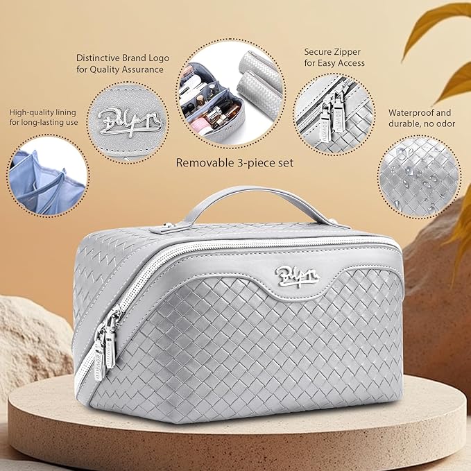 BOYATU Travel Makeup Bag Cosmetic Bags for Women: Large Capacity 3 Pcs Set Make up Bag with Compartments - Waterproof Vegan Leather Toiletry Organizer Bags with Handle (L11 Silver)