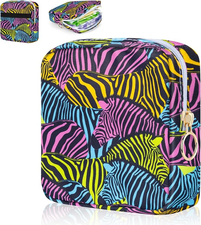 Desing Wish Period Bag Pouch Soft Cloth Sanitary Napkin Storage Bag Portable Menstrual Pad Pouches Tampon Holder for Purse First Period Kit for Girls 9-12 (Dazzling Zebra)
