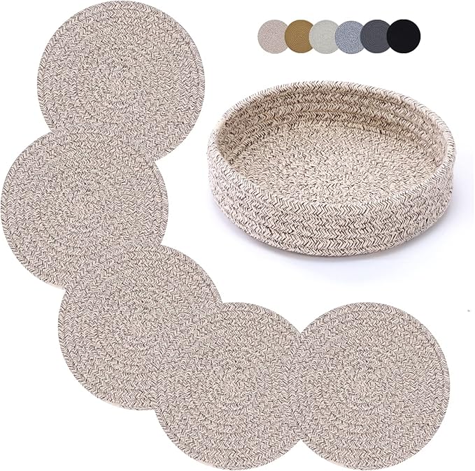 Coga Trivets for Hot Dishes, Trivets for Hot Pots and Pans, 7 Inchs Hot Pads 5 Pcs and Storage Basket for Countertops, Pot Holders for Kitchen, Cotton Table Protector Hot Mats Heat Resistant (Brown)