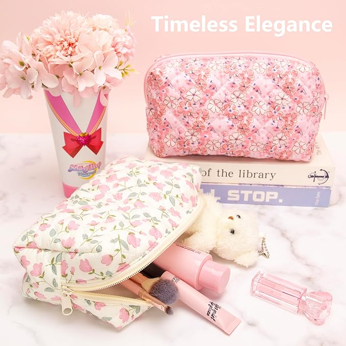 PAZIMIIK 6PCS Vintage Quilted Makeup Bag SET Cosmetic Pouch for Brushes Pencils and Travel Make Up Accessories for Women and Girls Flower White