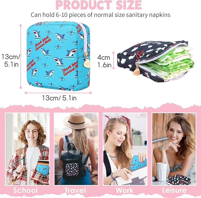 Desing Wish Sanitary Pad Storage Bag Portable Period Bag for Teen Pads/Sanitary Napkins/Small Tampons, Sanitary Napkin Storage Bag First Period Gifts for Teen Girls (Shark Week)