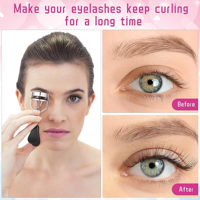 14 Pieces Eyelash Curler Kit Eyelash Comb Eyebrow Brush Tweezers False Eyelashes Applicator Tool Eyebrow Trimmer Silicone Refills Pads for Women(Black)