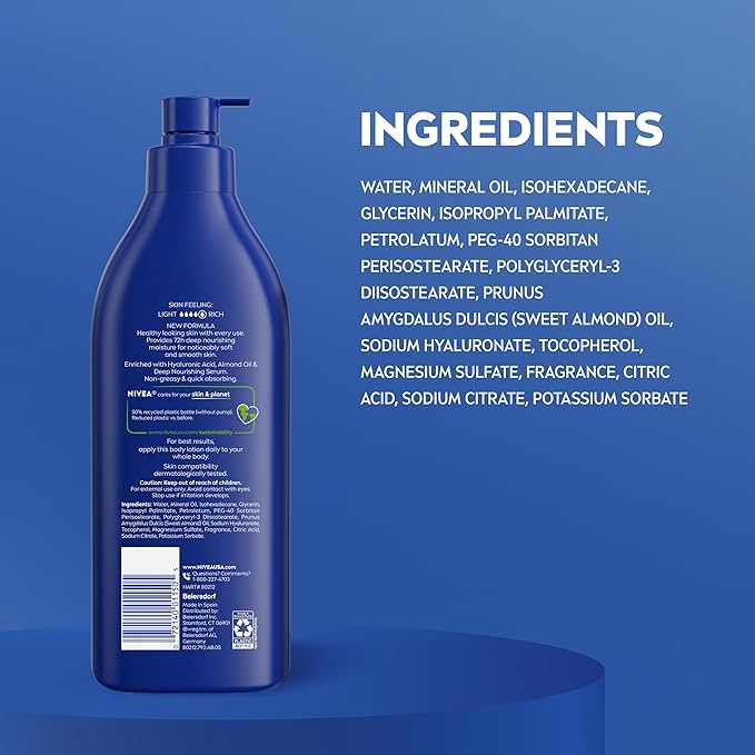NIVEA Essentially Enriched Body Lotion for Very Dry Skin with Hyaluronic Acid,Almond Oil and Deep Nourishing Serum,72-Hour Body Moisturizer,16.9 Fl Oz Pump Bottle,(Pack of 4)