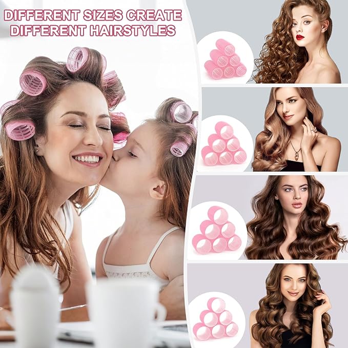 4 Sizes Hair Rollers for Women Set - 50 Pcs Hair Curler Rollers with Clips, Self Grip Hair Rollers for Long, Short Hair and Bangs, 25mm, 36mm, 48mm, 60mm, Pink