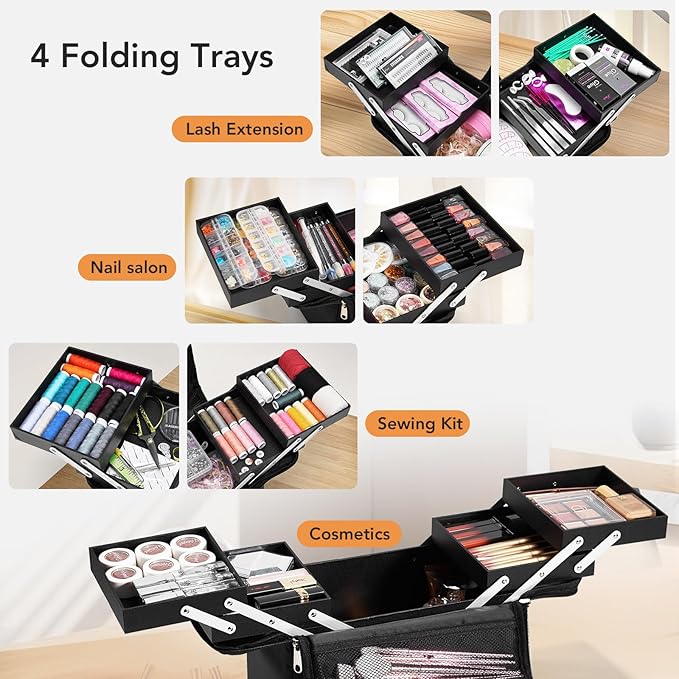 Stagiant Makeup Train Case, Nail Bag Organizer Case, Makeup Box Organizer, 4 Tier Large Travel Makeup Case with Compartments/Shoulder Strap for MUA/Manicure/Tattoo/Eye Lash Extension,Black