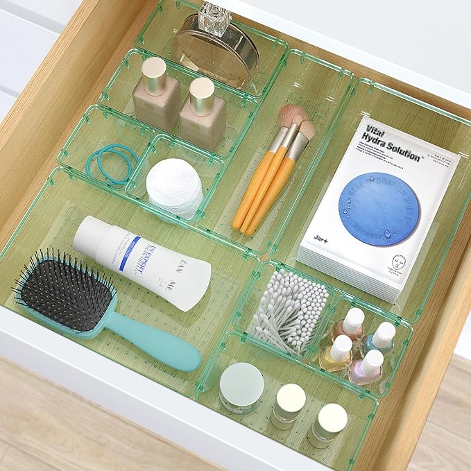 33 PCS Clear Plastic Drawer Organizers Set, 4 Size Desk Drawer Organizer Trays for Makeup, Jewelry, Kitchen Utensils, Gadgets and Office Accessories, Sea Blue