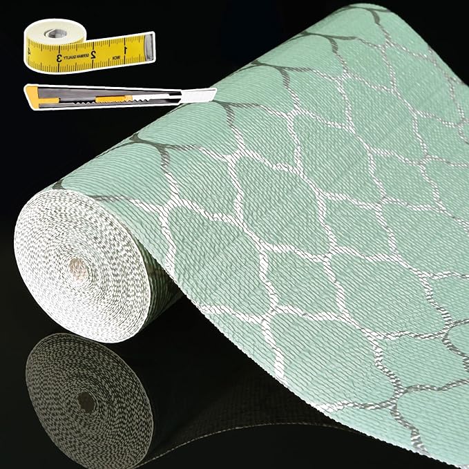 Shelf Liners for Kitchen Cabinets Non Adhesive Drawer Liner 17in x 20FT Light Green Quatrefoil Thickened Shelf Liner Strong Non-Slip Easy to Clean for Tool Box Refrigerator with Knife and Tape Measure
