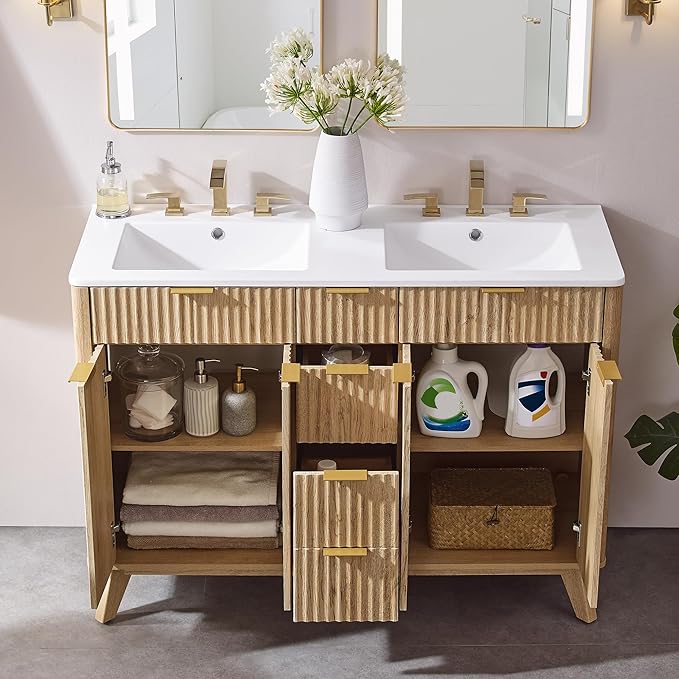 T4TREAM 48" Fluted Bathroom Vanity with Resin Sink Combo，Freestanding Modern Bathroom Storage Vanity Cabinet with Soft Closing Doors & 2 Drawers，Wood Grain Texture，Metal Handle，Natural Oak