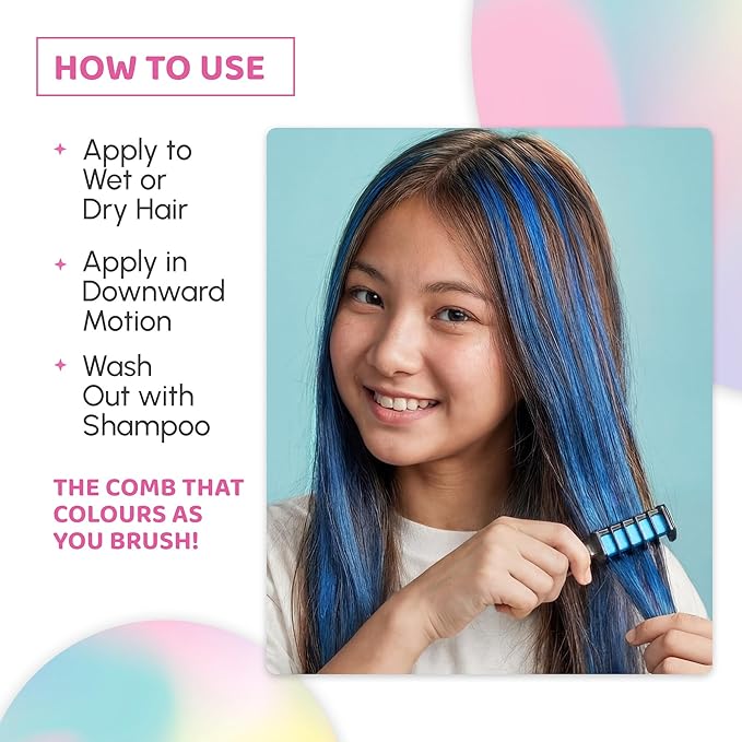 Blue Squid Hair Chalk Comb - 10 Vibrant Temporary Hair Colors for Girls & Teens, Washable Hair Dye, Perfect for Parties, Cosplay, Halloween, Paraben Free, Suitable for All Hair Colors