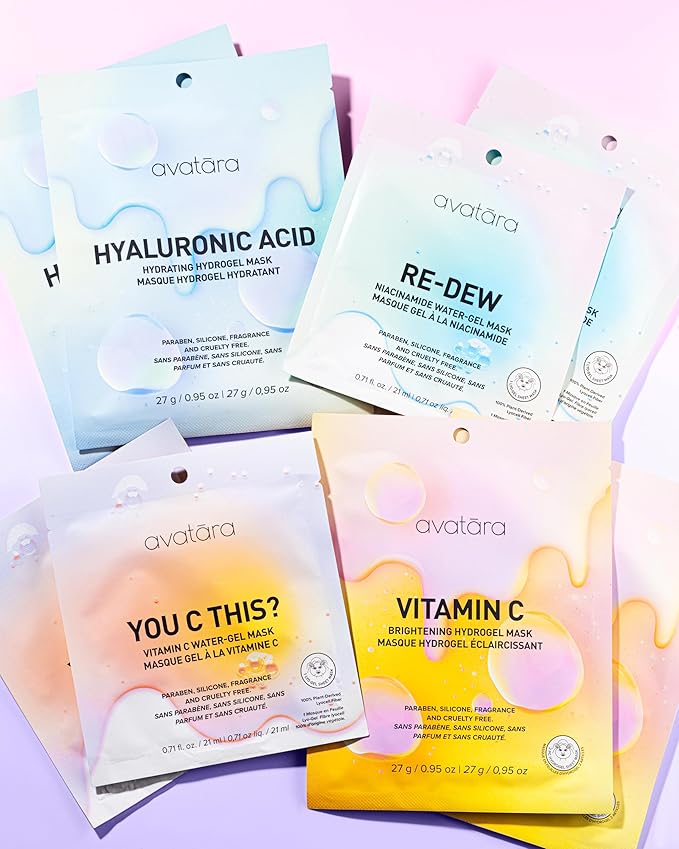 Avatara High-Key Glow 8-Pack Water-gel & Hydrogel Variety Sheet Mask Set, 2 Each: Hyaluronic Acid, Vitamin C, You C This?, Re-Dew | 0.71 fl. oz / 21 mL & 0.95 oz / 27 g