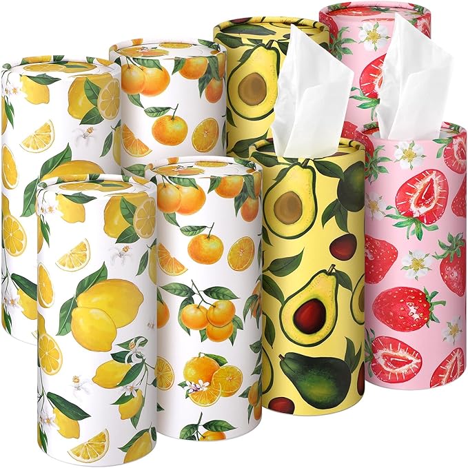 Zonon 8 Pcs Car Tissues Holder Round Box with Facial Tissue Bulk Fruit Multicolor Car Tissues Cylinder with 50 Sheets Face Towel Fit for Cube Boxes Christmas Round Tubes Cup Holder Container Travel