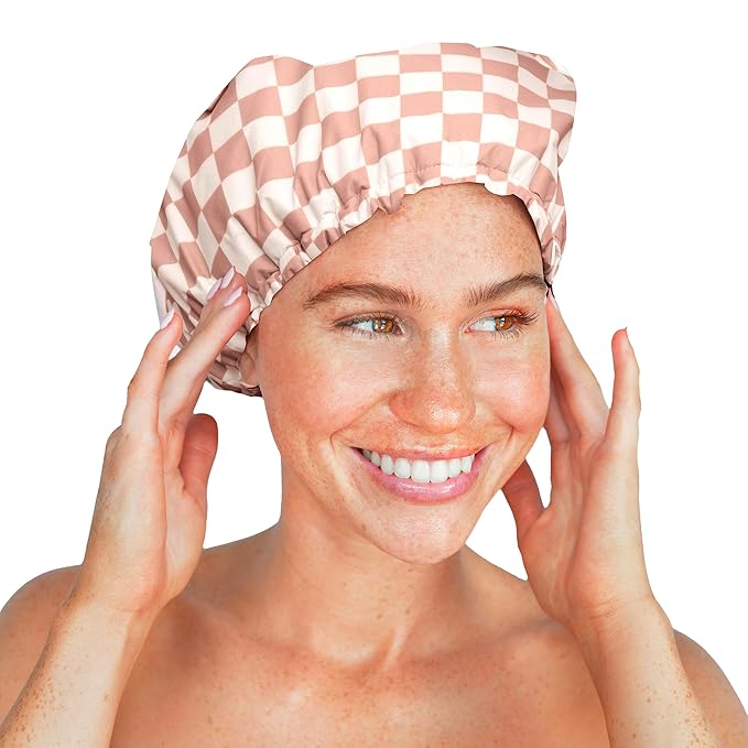 Kitsch Luxury Satin-Lined Flexi Shower Caps for Women Reusable Waterproof - Large Wide Shower Cap for Women & Men, Adjustable, Stylish Hair Cap for Showers, For Long & Short Hair - Terracotta Checker