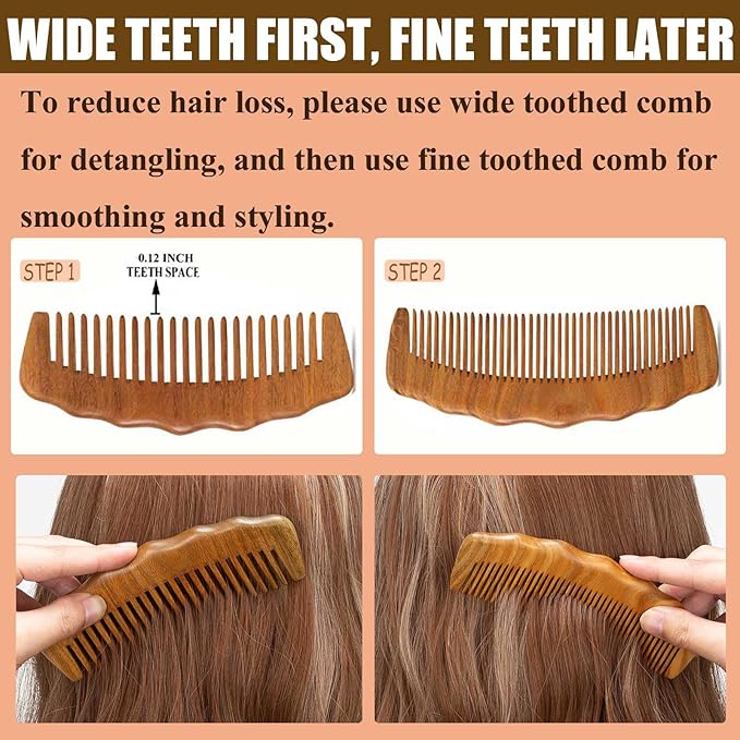2 Pack Wooden Comb, Beard Comb for Men, Hair Combs for Women - Green Sandalwood