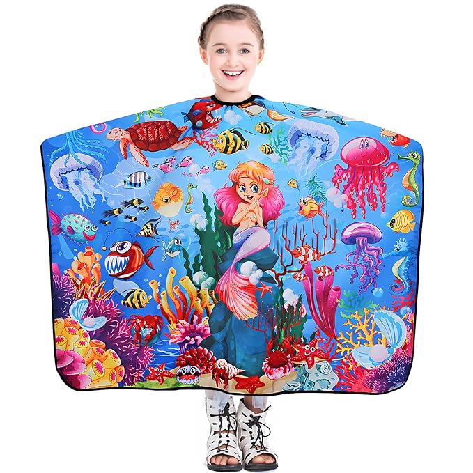 DOKKIA Barber Hair Cutting Cape Kids Children Toddler Boys Girls Hairdressing Salon Styling Cloth Apron Cover Gown (Sea World Mermaid/40×50")