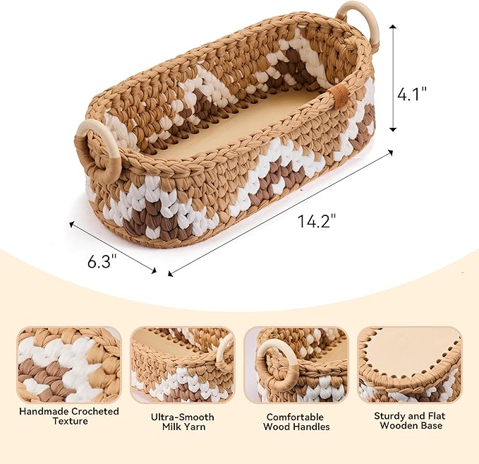 Handwoven Toilet Paper Storage Basket with Wooden Base & Handles - Boho Modern Bathroom Organizer, Small Shelf Basket for Living Room, Bedroom, Nursery (Brown)