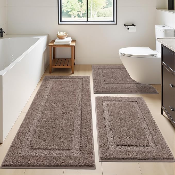 SHACOS Brown Bathroom Rugs Sets 3 Piece, 20"x32" + 20"x47" Non Slip Bath Mat 20"x24" U Shaped Toilet Rugs Washable, Soft Fluffy Water Absorbent Bathroom Floor Mat Rug