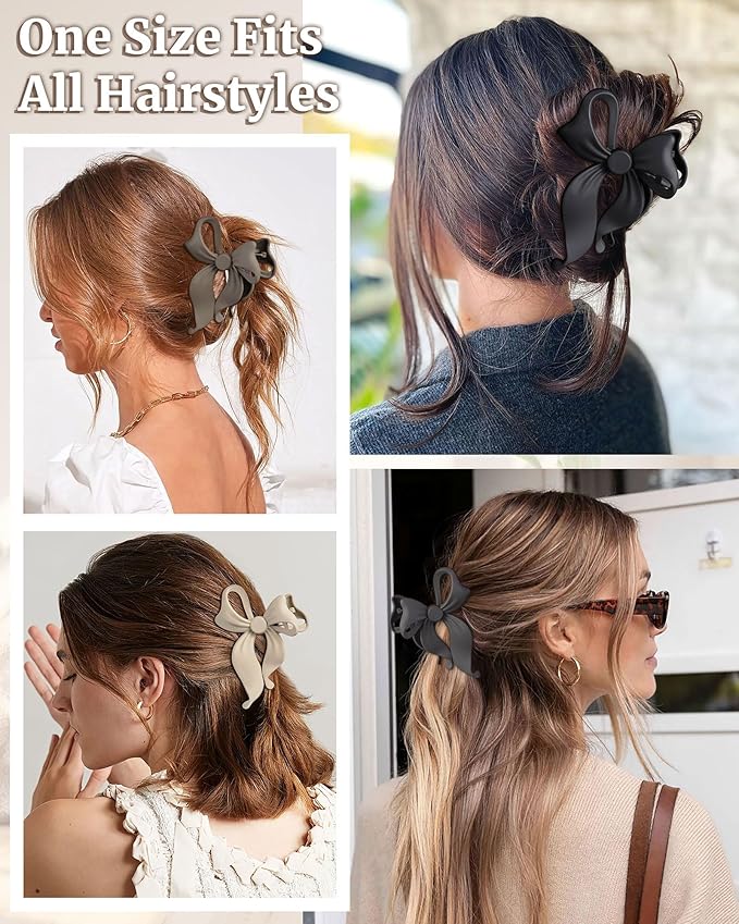 Mesovor 4 Pack Cute Bow Claw Clip for Women, Nonslip Large Matte Strong Hold Bows Hair Clips for Thin and Thick Hair | Chic Hair Styling Accessories (4.1" Black, Grey, Khaki, Brown)