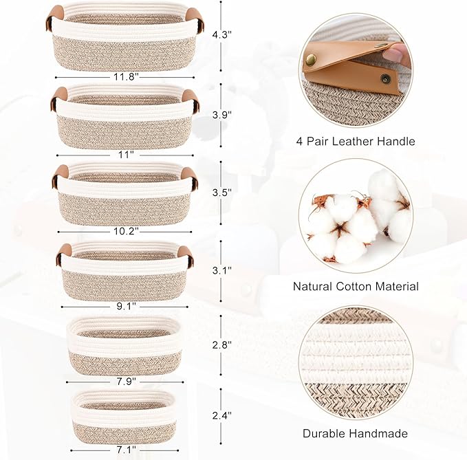 Storage Baskets for Organizing, Small Woven Basket Set of 6-4 Shelf Basket with Leather Handle and 2 Small Gift Baskets, Cotton Rope Basket for Shelves, Nursery, Dog Toy, Bathroom