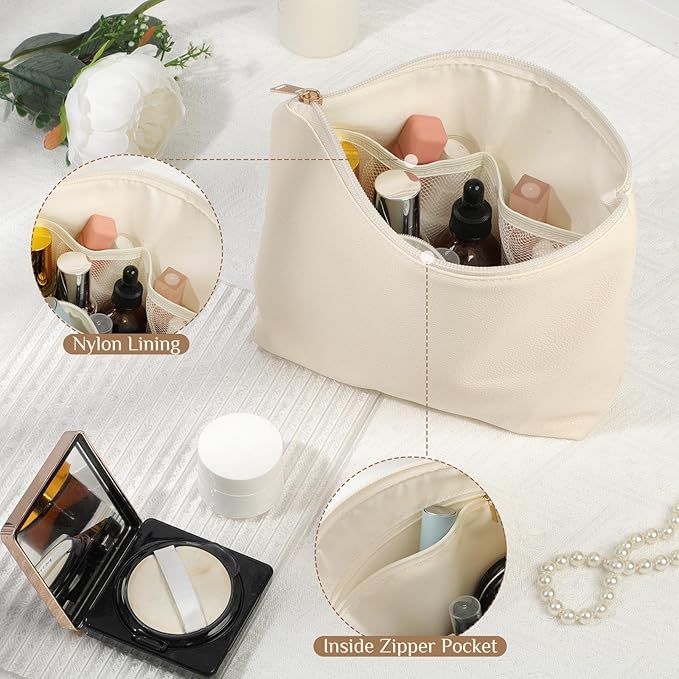 Kigeli PU Leather Makeup Bag for Women Gift Cosmetic Pouch for Purse Waterproof with PU Leather Travel Toiletry Organizer with Zipper for Women Bridesmaid Friend Gift(White)