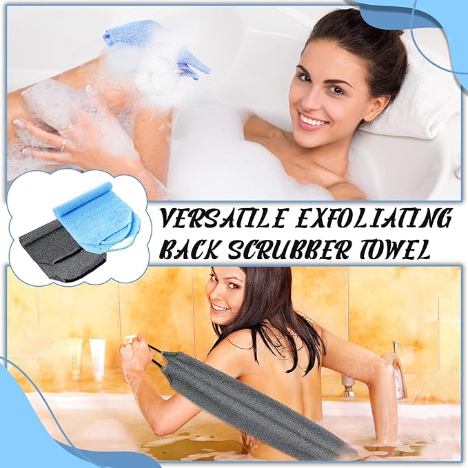 Back Scrubber for Shower Exfoliating Washcloth Back Cloth Body Extended Length Scrubber Towel Nylon Exfoliating Stretchable Pull Strap Wash Cloth for Bath Body Scrub Washcloth 2 Pack (Gray,Blue)