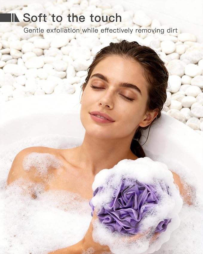Loofah Sponge 70g, 6.3 Inch Large Exfoliating Bath Sponge, Soft Durable PE Mesh with Reinforced Knotting, Rich Lather Bath Scrubber for Body, for Travel or as a Holiday Gift (4Pack, Purple, Green)