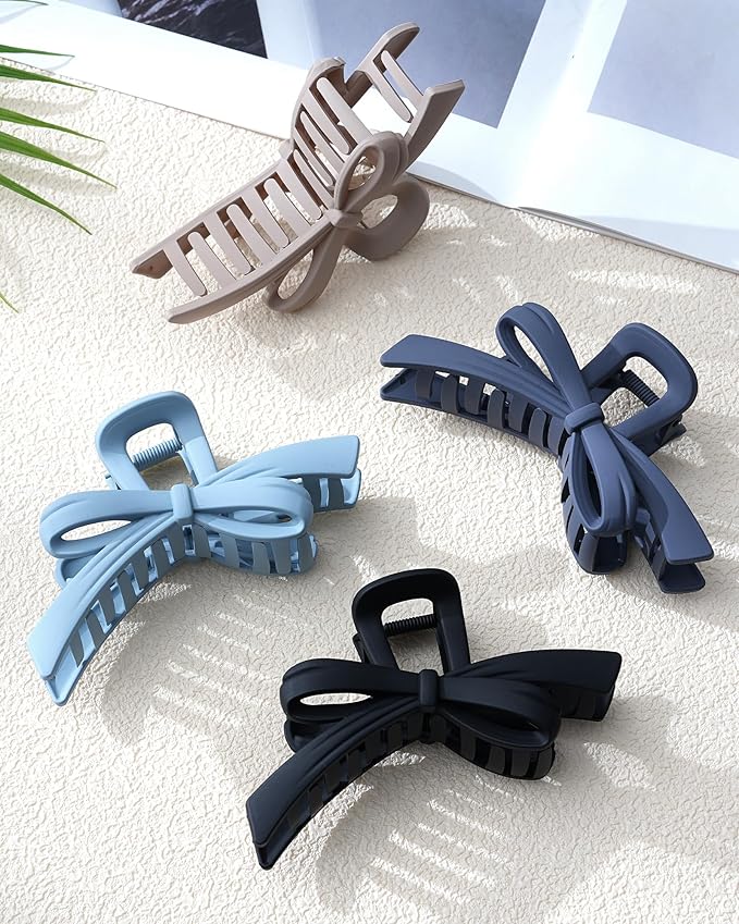 Mesovor 4 Pack Cute Bow Claw Clips, Nonslip 4.92" Large Matte Strong Hold Bows Hair Clips for Thin and Thick Hair | Chic Hairclips for Holidays or Everyday Hairstyle (Blue Matte)